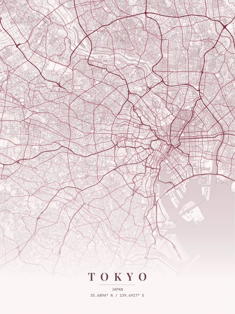 Tokyo map poster in the Blush Gallery palette, Standard layout
