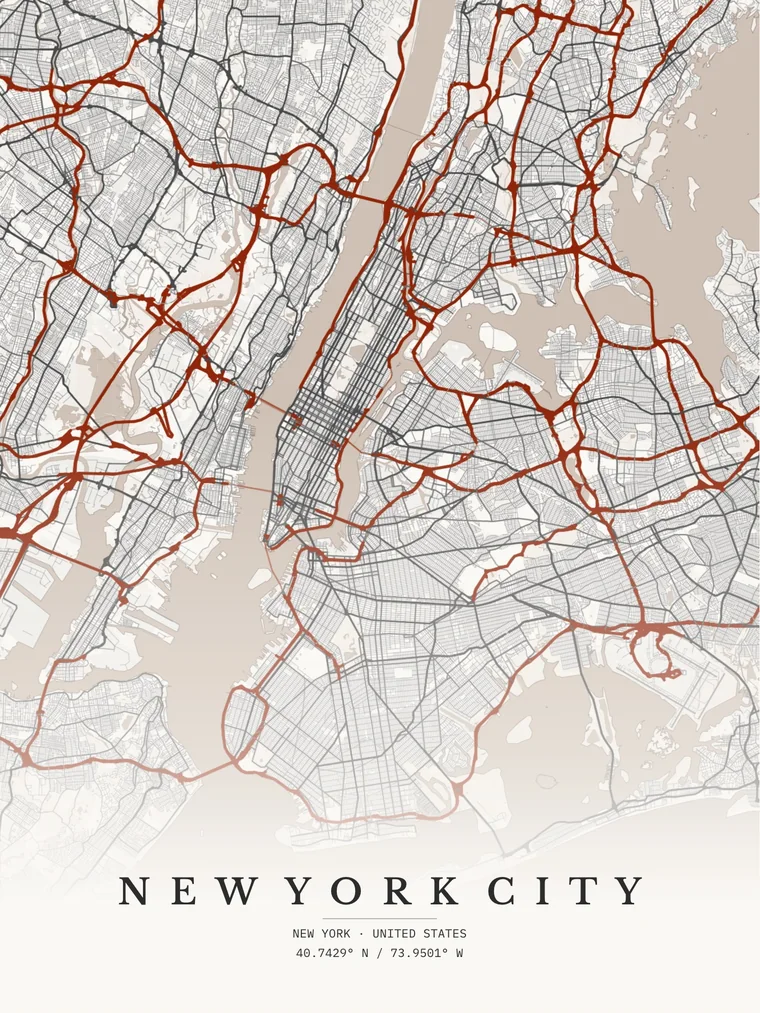 New York City map poster in the Rice Paper palette